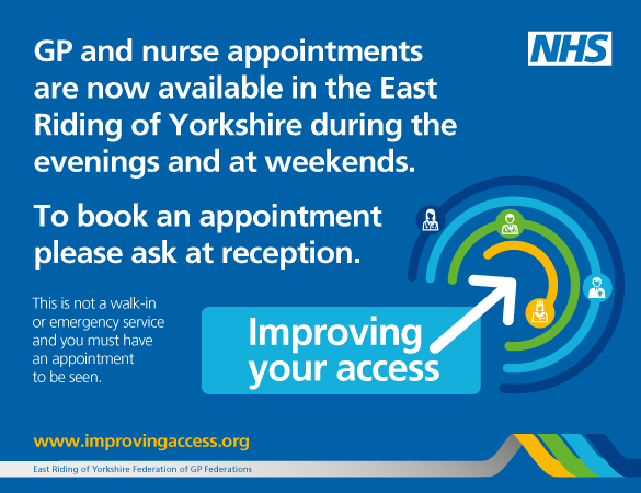 Poster for improving access to GPs. Extended access services.
