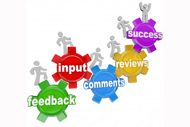 Drawing of five cogs bearing the words Feedback, input, comment, reviews and success