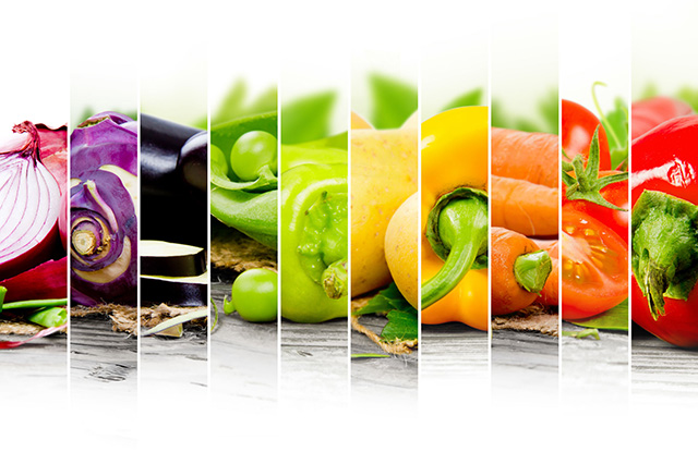 Colourful montage of photographs showing various vegetables